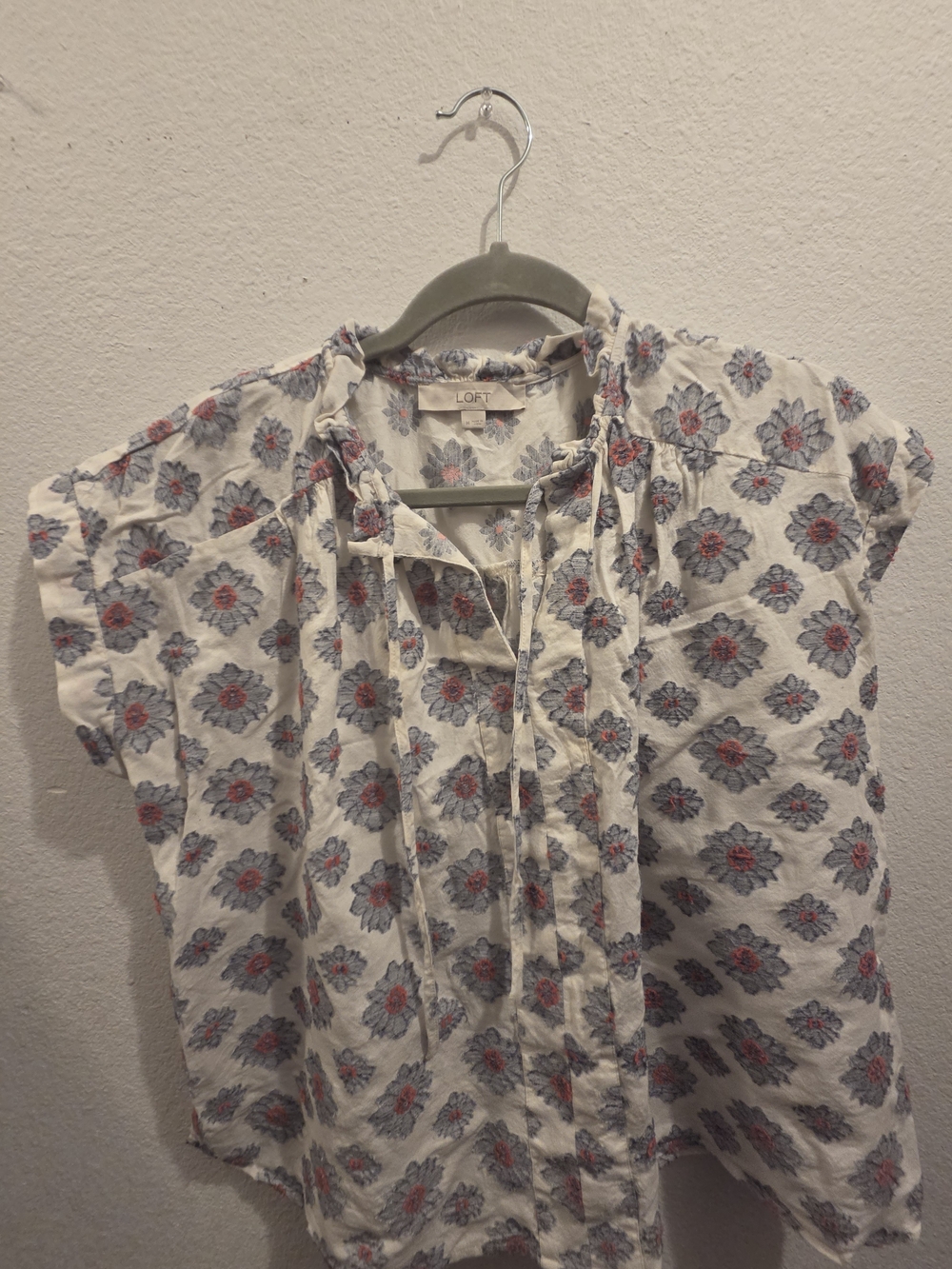 LOFT Cream Floral Tie-Front Blouse with Blue and Pink Accents